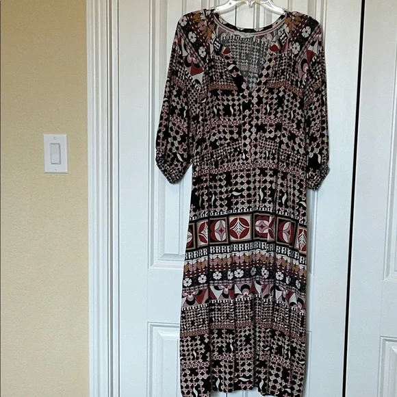 Westbound Black, Pink & Brown Geometric Midi Dress - Picture 1 of 10